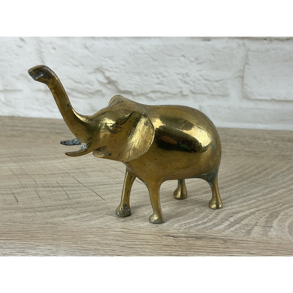 Vintage 5.5"x5" Brass Cast? Elephant Figurine Heavy Paper Weight Trunk Up Lucky